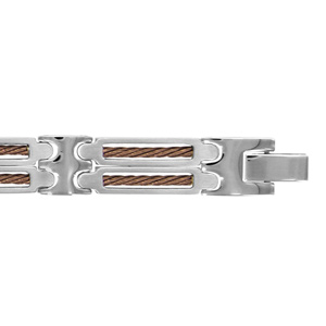 Bracelet en acier maillons orns de 2 cble marrons spars - longueur 20,5cm + 1.5cm rglable par double fermoir - Vue 1