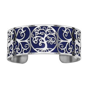 Bracelet en acier manchette motif arbre de vie bleu nuit - Vue 1