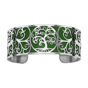 Bracelet en acier manchette motif arbre de vie polyuréthane vert - Vue 1