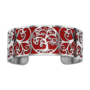 Bracelet en acier manchette motif arbre de vie rouge - Vue 1