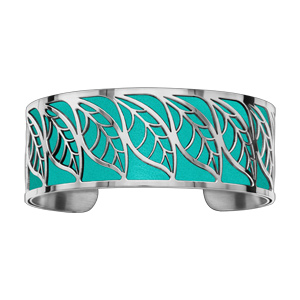 Bracelet en acier manchette motif feuillage turquoise - Vue 1