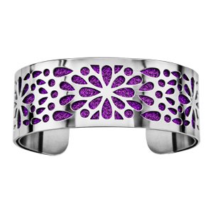 Bracelet en acier manchette motifs fleurs avec fond glitter violet - Vue 1