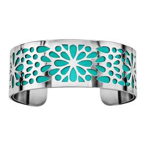 Bracelet en acier manchette motifs fleurs avec fond turquoise - Vue 1