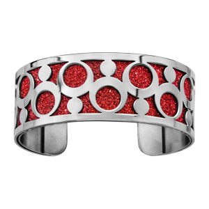Bracelet en acier manchette motifs ronds glitter rouge - Vue 1