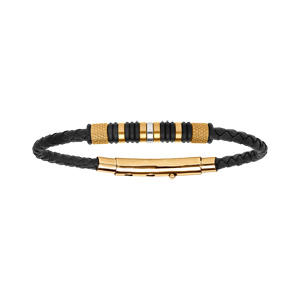 Bracelet en acier motifs dorés et noirs cuir tressé noir - 22cm ajustable 20cm - Vue 1