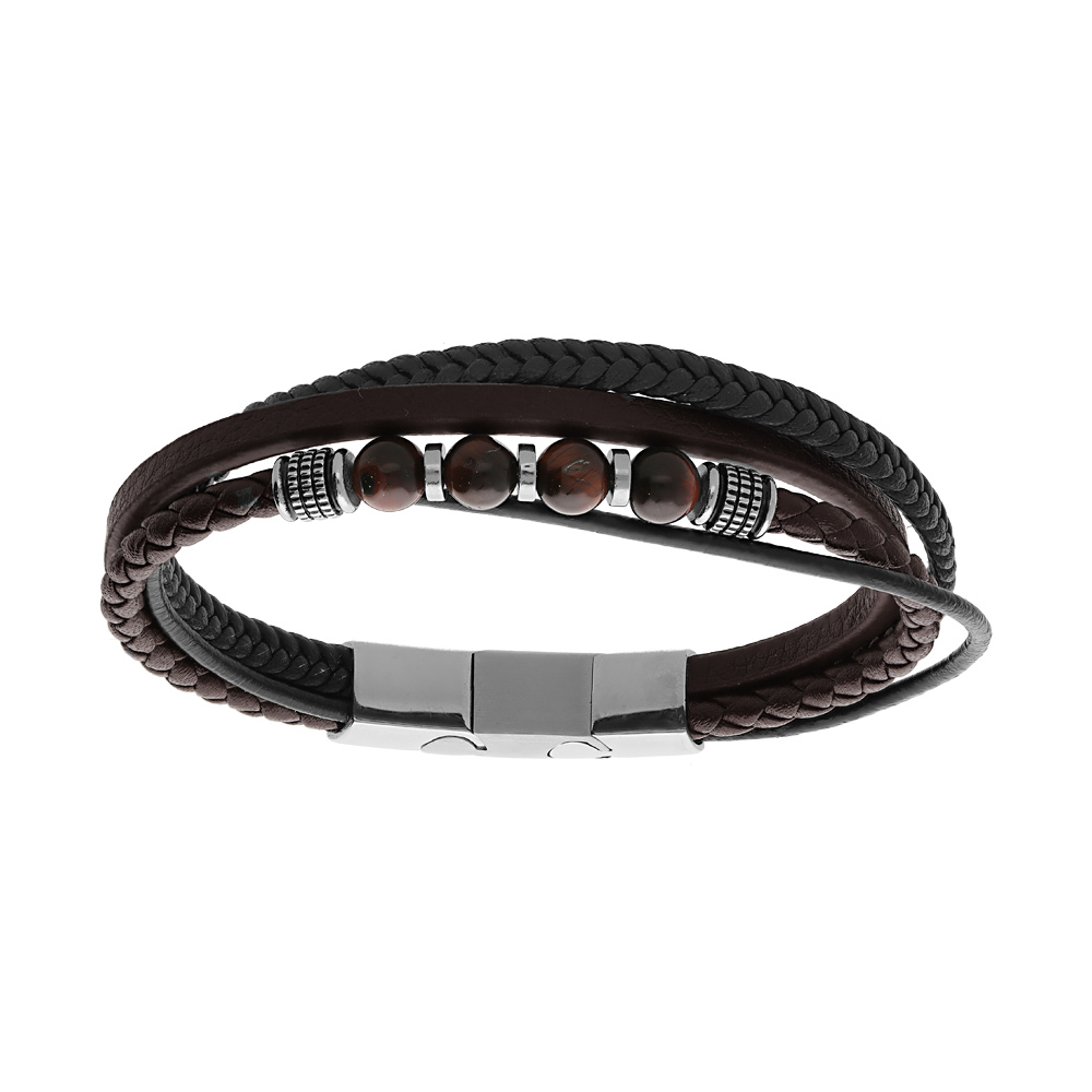 Bracelet en acier multi fils cuir marron et noir boules Oeil de tigre v�ritable 19cm+1cm double fermoir - Vue 1