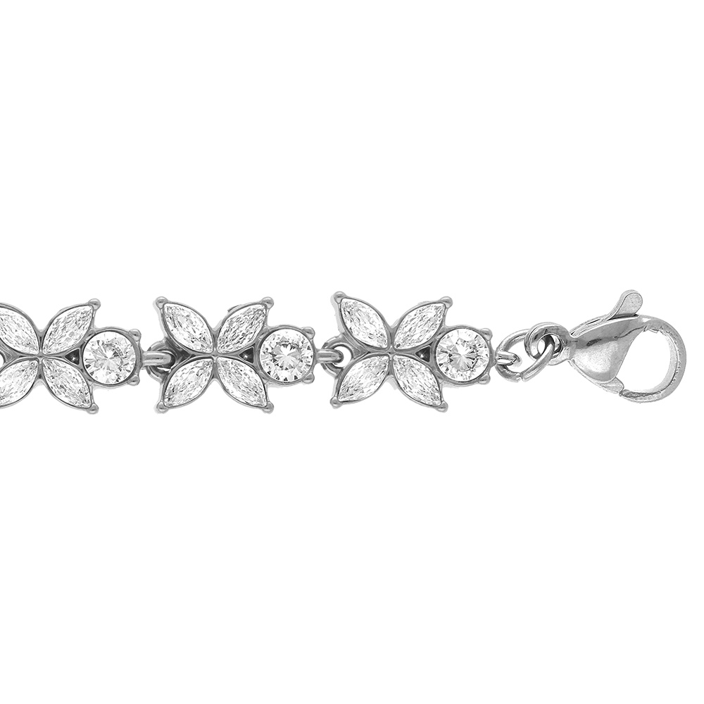 Bracelet en acier multi fleurs oxydes blancs sertis - 16+3cm - Vue 1