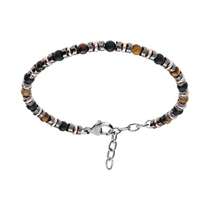 Bracelet en acier oeil de tigre et agate noire avec rondelles h�matite noire et PVD rose - 18.5+3cm