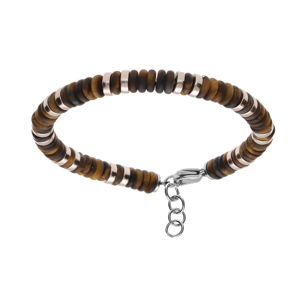 Bracelet en acier oeil de tigre v�ritable et et rondelles h�matites dor�es rose - 20+2.5cm - Vue 1