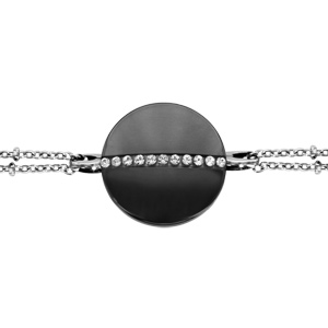 Bracelet en acier pastille céramique noire et cristal double chaîne 16cm + 3cm - Vue 1