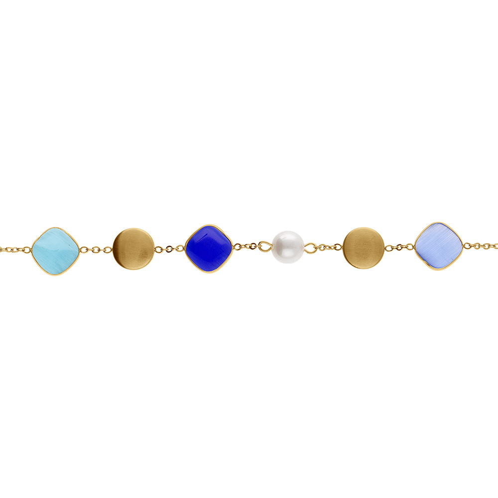Bracelet en acier pastilles color�es carr� bleu oeil de chat et perle  blanche imitation - 16+3cm - Vue 1