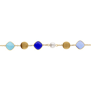 Bracelet en acier pastilles color�es carr� bleu oeil de chat et perle  blanche imitation - 16+3cm