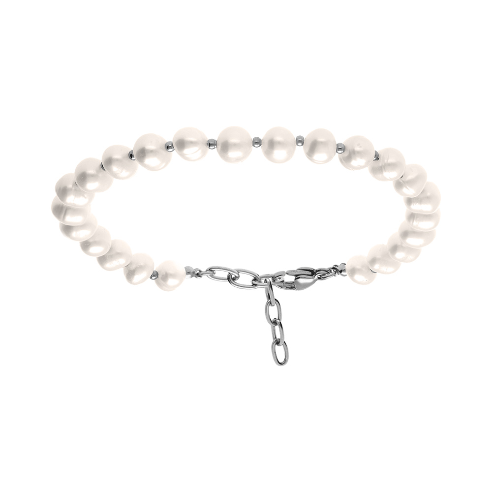Bracelet en acier perle blanche de culture d\'eau douce 6-7mm irr�guli�re - 19+3cm - Vue 1
