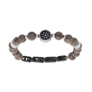 Bracelet en acier perle Obsidienne véritable et motif roue 18+2cm fermoir réglable - Vue 1