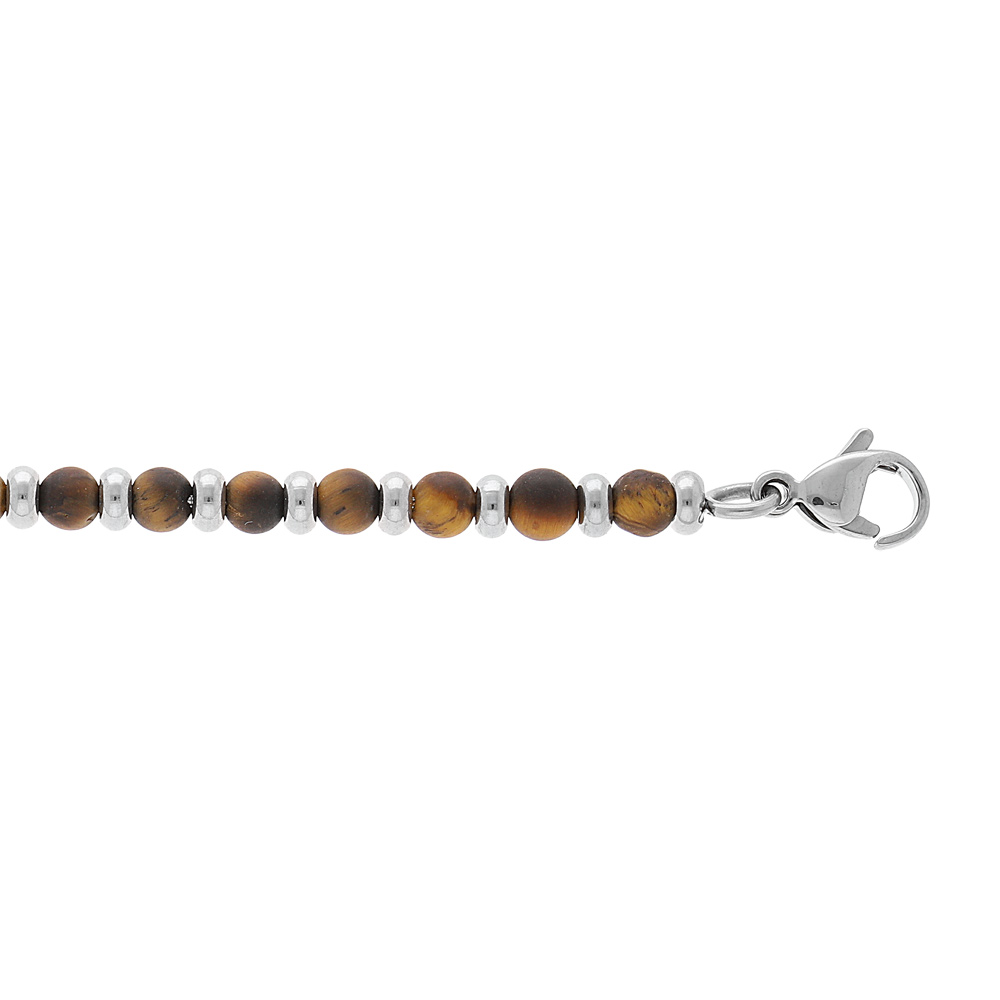 Bracelet en acier perles en pierres Oeil de tigre v�ritable marron 18+3cm - Vue 1