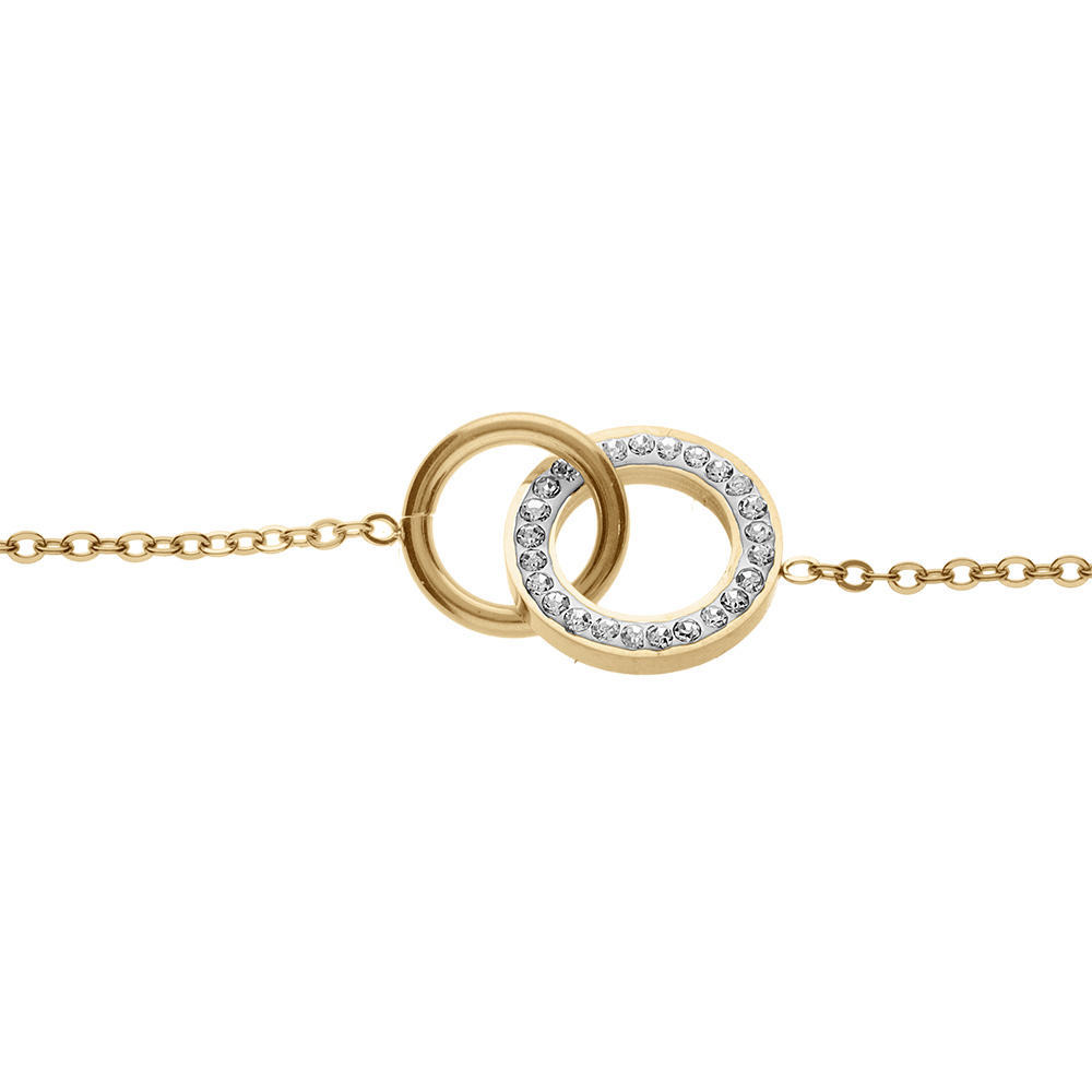 Bracelet en acier PVD dor� double cercle entrelac�s r�sine et strass blancs 17+3cm - Vue 1