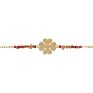 Bracelet en acier PVD dor motif trfle et boules rouges 16+3cm - Vue 1
