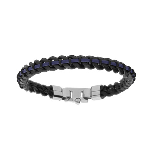 Bracelet en acier PVD noir maille gourmette 8mm et cuir bleu 21cm - Vue 1