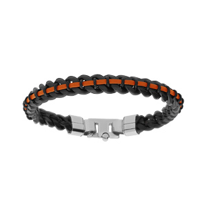 Bracelet en acier PVD noir maille gourmette 8mm et cuir orange 21cm - Vue 1