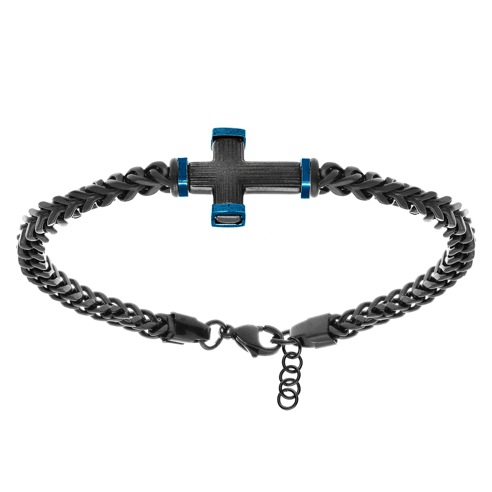 Bracelet en acier PVD noir maille gourmette avec croix PVD noir et bleu - 19.5+3cm - Vue 1