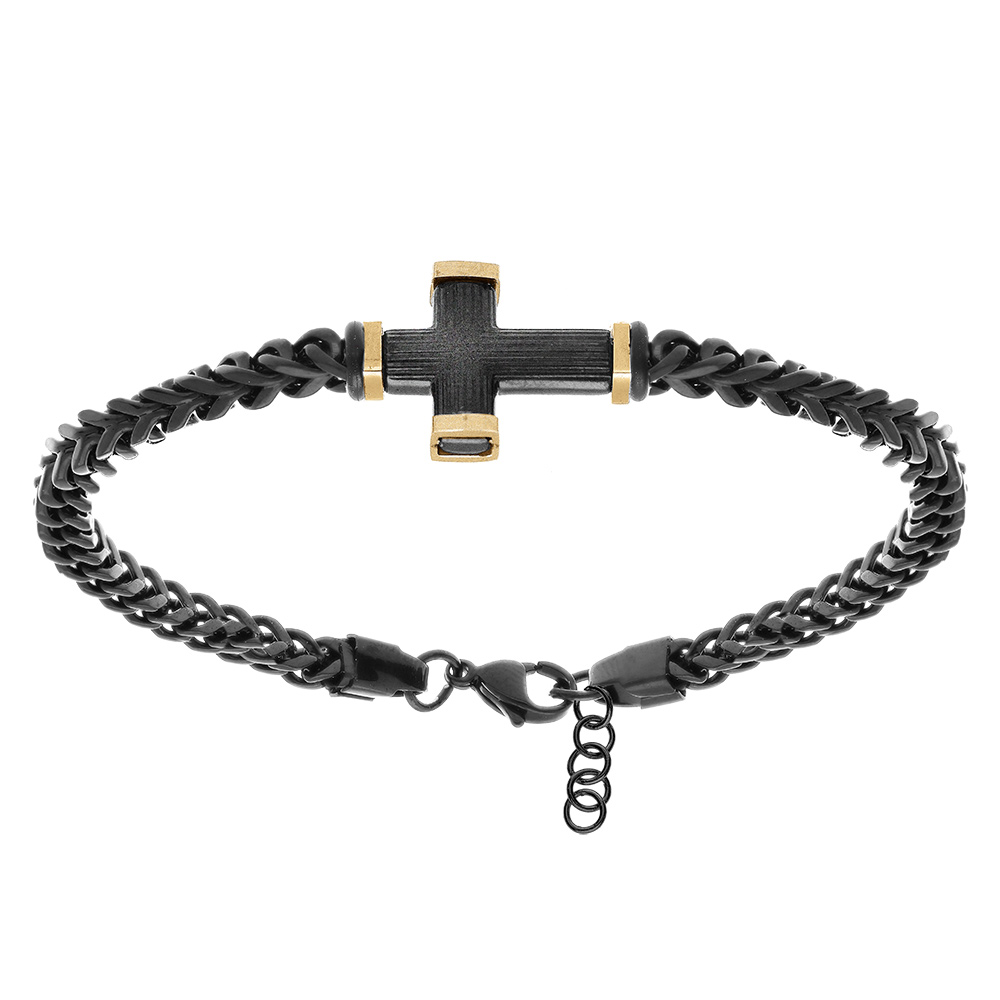 Bracelet en acier PVD noir maille gourmette avec croix PVD noir et dore  - 19.5+3cm - Vue 1