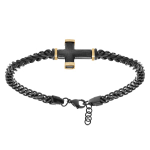 Bracelet en acier PVD noir maille gourmette avec croix PVD noir et dore - 19.5+3cm - Vue 1