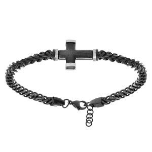 Bracelet en acier PVD noir maille gourmette avec croix PVD noir et gris - 19.5+3cm - Vue 1