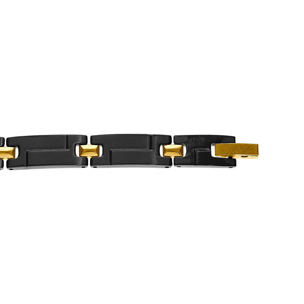 Bracelet en acier PVD noir mat et dor� jaune - 21cm r�glable - Vue 1