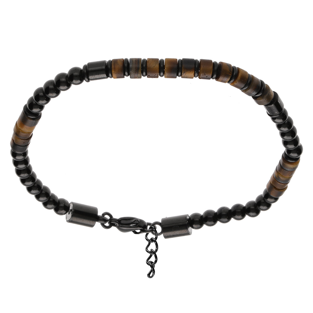 Bracelet en acier PVD noir pierres imitation oeil de tigre, ilmenite et bronzite 19+3cm - Vue 1