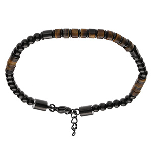 Bracelet en acier PVD noir pierres imitation oeil de tigre, ilmenite et bronzite 19+3cm