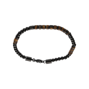 Bracelet en acier PVD noir pierres naturelles oeil de tigre, ilmenite et bronzite 19+3cm - Vue 1