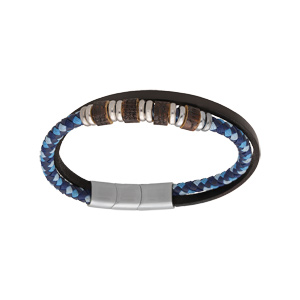 Bracelet en acier 2 rangs cuir vritable noir et cordon tresse bleu et multi rondelles 20+1cm double fermoir - Vue 1