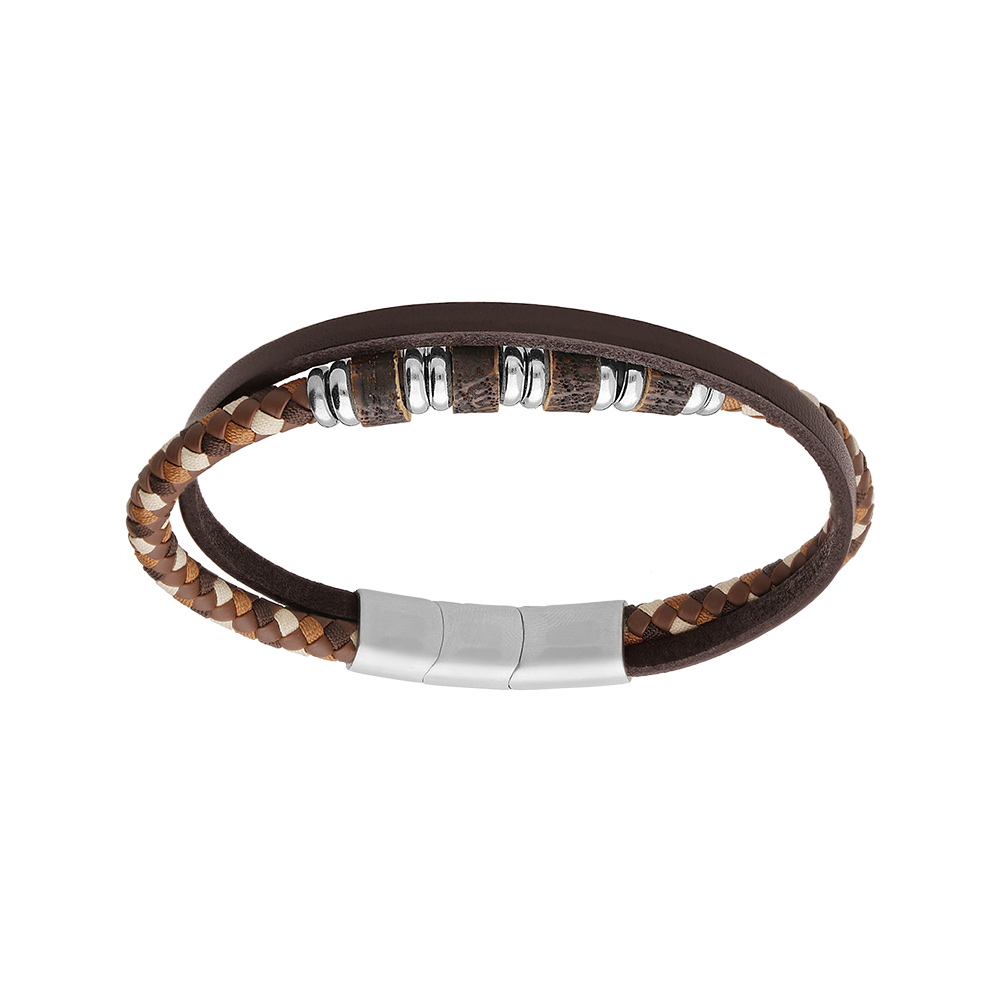 Bracelet en acier 2 rangs cuir v�ritable noir et cordon tresse marron et multi rondelles 20+1cm double fermoir - Vue 1