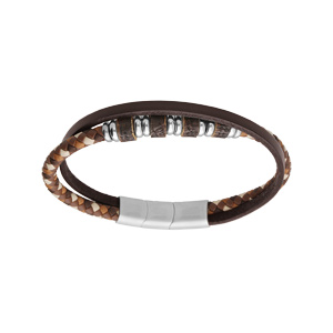 Bracelet en acier 2 rangs cuir vritable noir et cordon tresse marron et multi rondelles 20+1cm double fermoir - Vue 1
