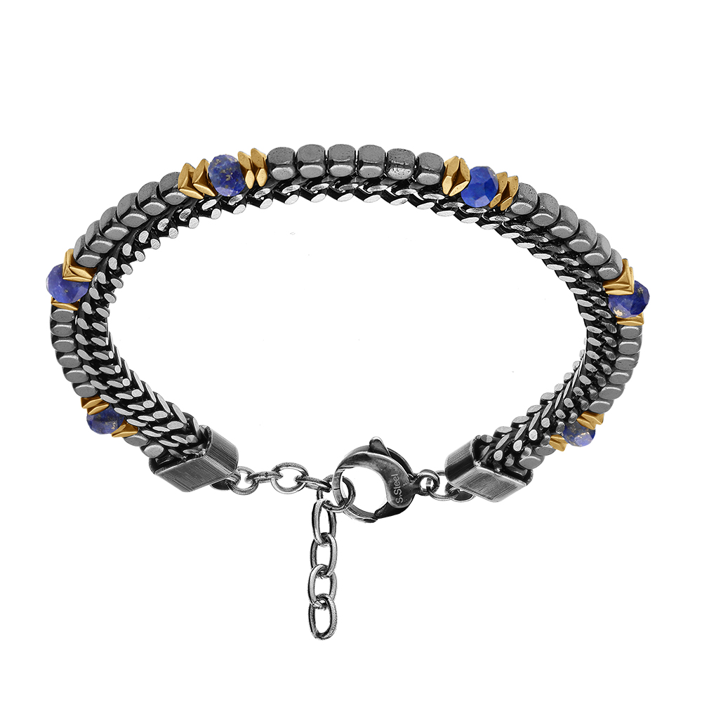 Bracelet en acier 2 rangs maille plate et cubes H�matites et boules facett�es Lapis Lazuli 18+3cm - Vue 1