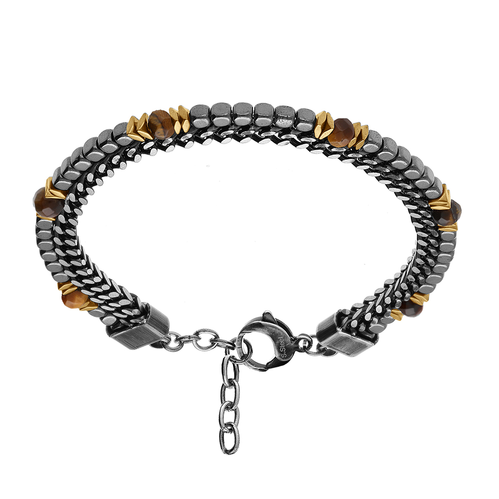 Bracelet en acier 2 rangs maille plate et cubes H�matites et boules facett�es Oeil de Tigre marron 18+3cm - Vue 1
