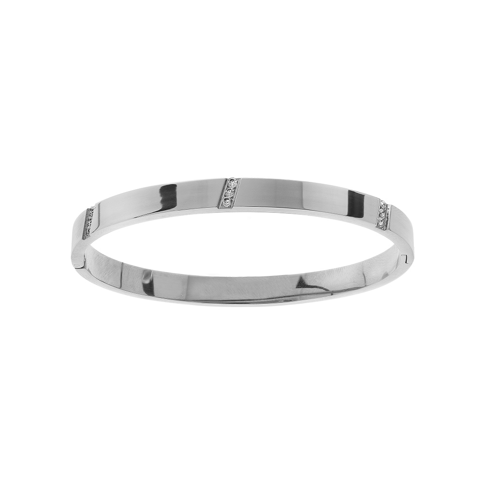 Bracelet en acier rigide 7mm articul�e trois  oxydes blancs en biais 58mm - Vue 1