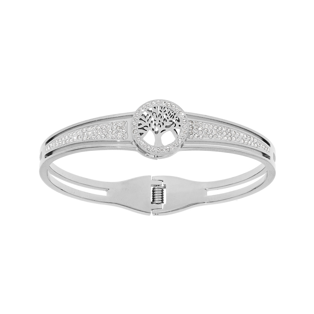 Bracelet en acier rigide articul� arbre de vie avec strass - Vue 1