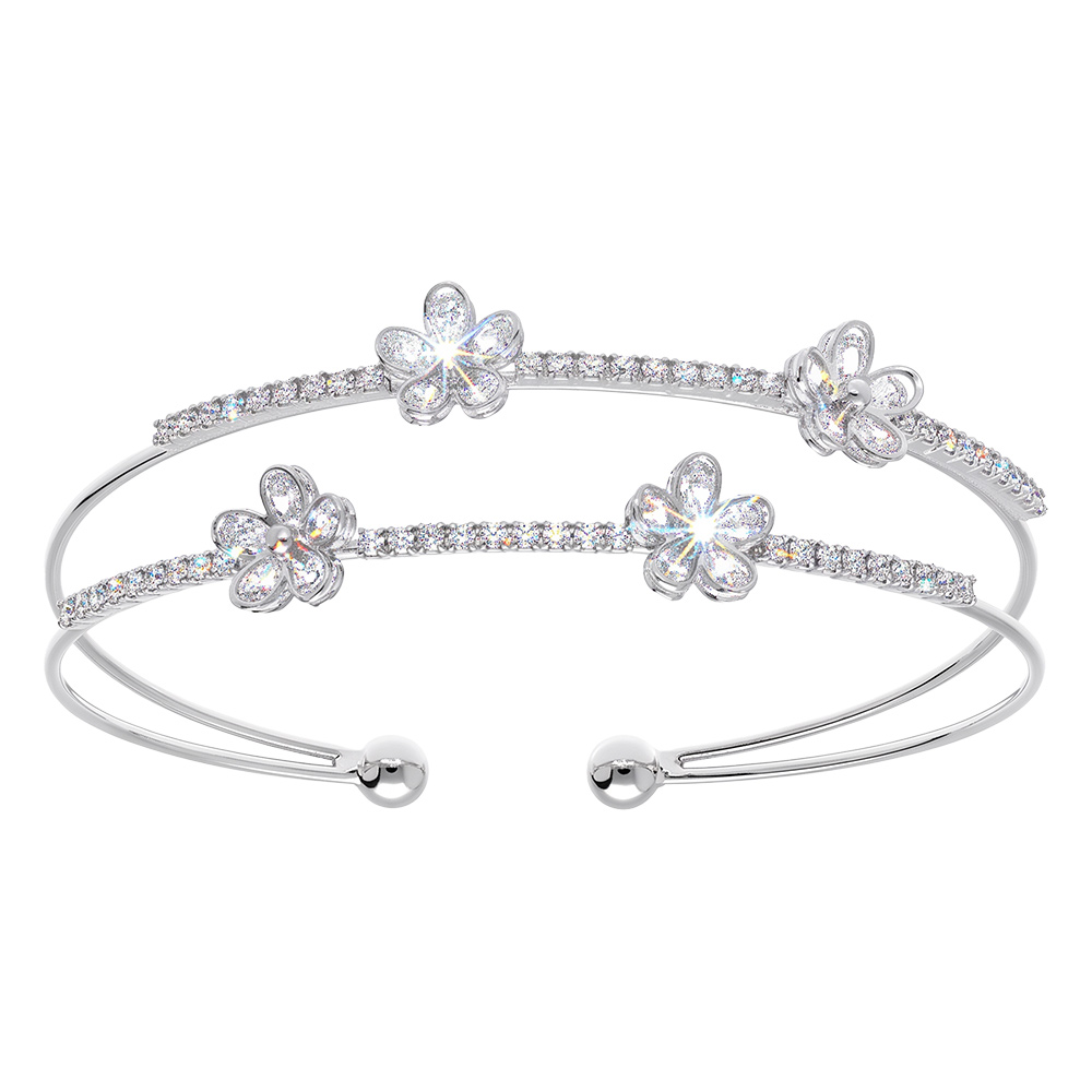 Bracelet en acier rigide deux rangs et fleurs d\'oxydes blancs sertis - 57mm x 55mm - Vue 1