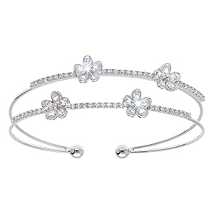 Bracelet en acier rigide deux rangs et fleurs d'oxydes blancs sertis - 57mm x 55mm