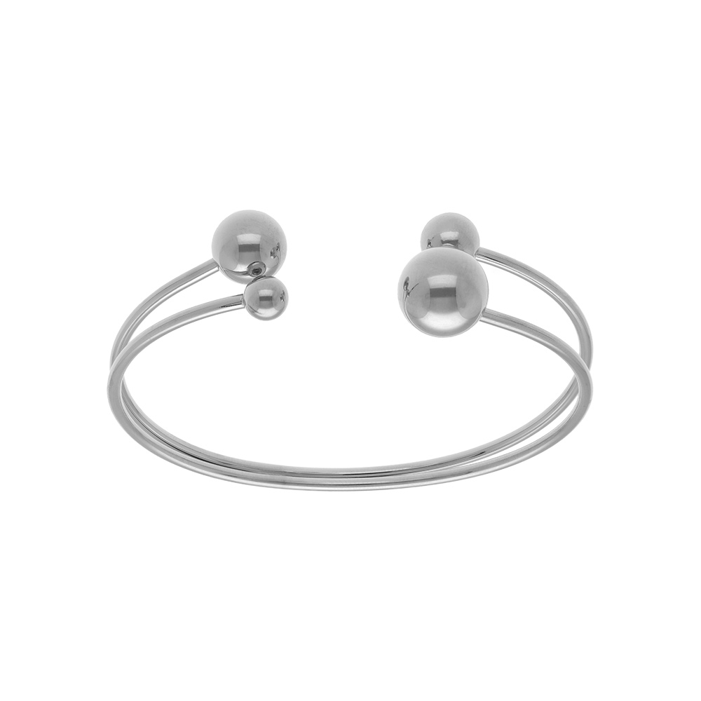 Bracelet en acier rigide deux rangs ouvert avec boules aux extr�mit�s, diam�tre 65 x 55mm - Vue 1