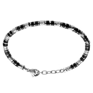 Bracelet en acier rondelles agate noire véritable - 19+3cm - Vue 1
