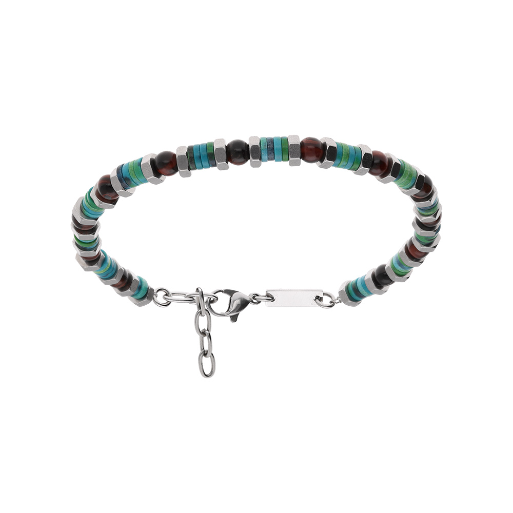 Bracelet en acier rondelles boules oeil de tigre vritable bleues et vertes, 20+3cm - Vue 1