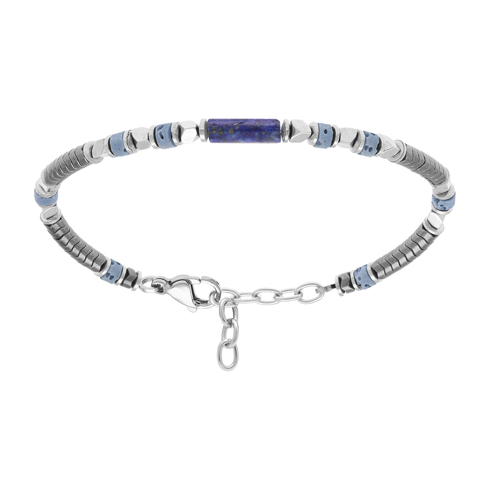 Bracelet en acier rondelles h�matite et tube lapis lazuli - 18+3cm - Vue 1