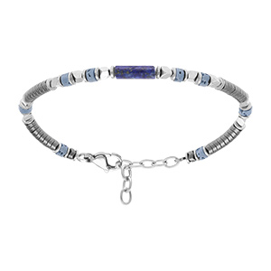 Bracelet en acier rondelles h�matite et tube lapis lazuli - 18+3cm