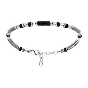 Bracelet en acier rondelles h�matites et tube agate noire - 18+3cm