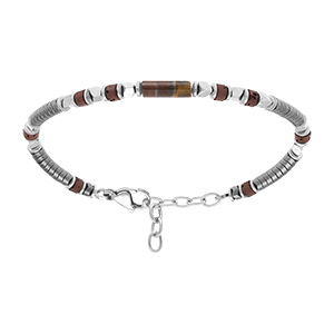 Bracelet en acier rondelles h�matites et tube oeil de tigre marron - 18+3cm