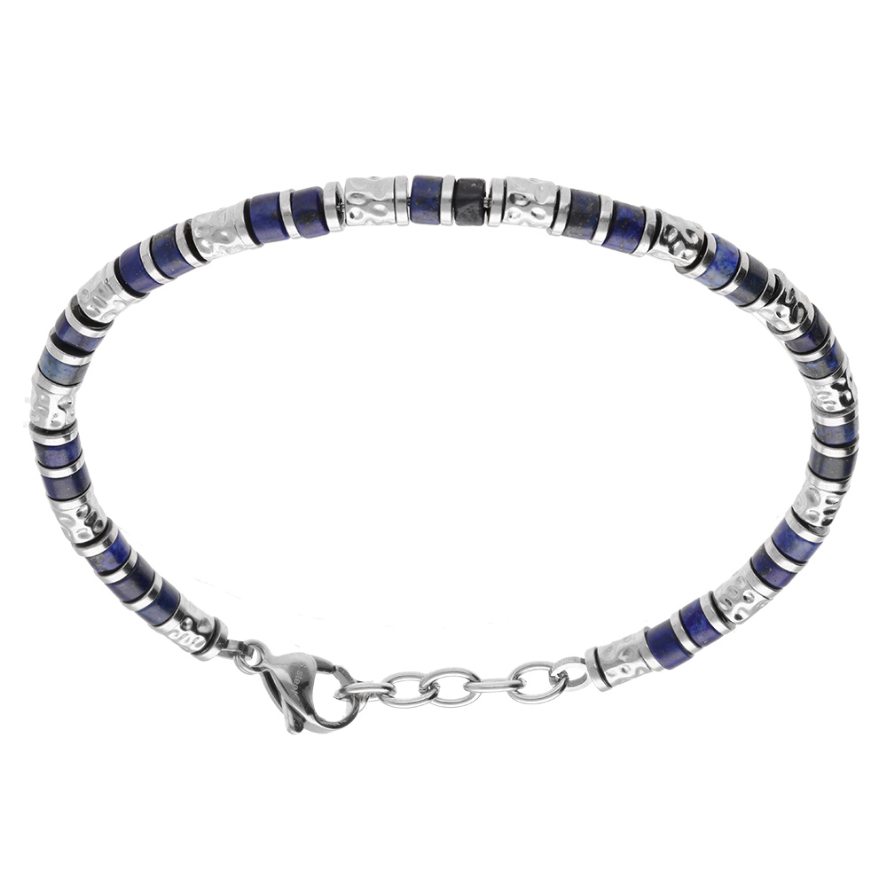 Bracelet en acier rondelles lapis lazuli bleu v�ritable  - 19+3cm - Vue 1