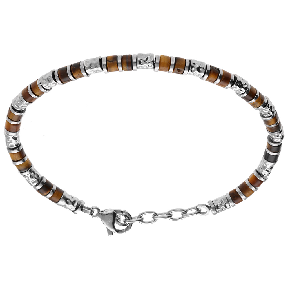Bracelet en acier rondelles oeil de tigre marron vritable - 19+3cm - Vue 1