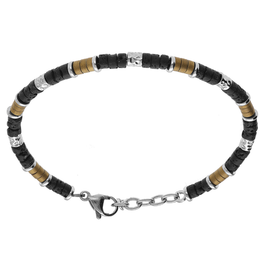 Bracelet en acier rondelles pierre de lave et PVD marron - 19+3cm - Vue 1